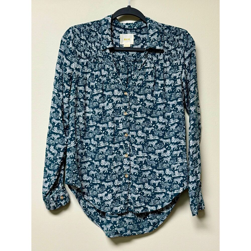 ANTHROPOLOGIE MAEVE Teal/White Long Sleeve V-Neck Tiger Print Top